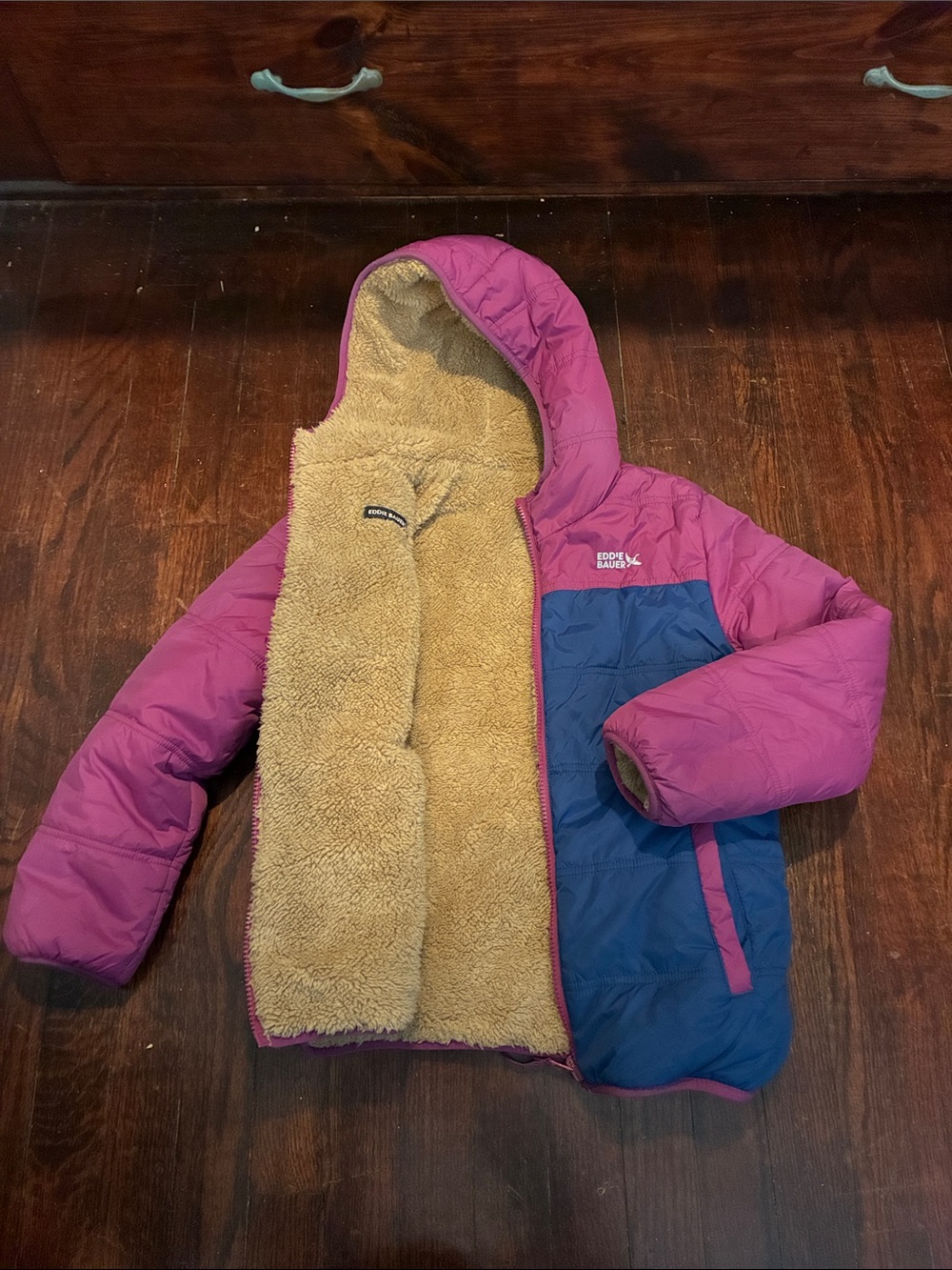 Eddie Bauer Pink and Navy Hooded Reversible Puffer Jacket